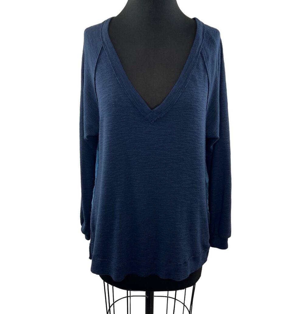 Anthropologie Pilcro Blue Sweater Top Plaid Plunge Neck Inverted Pleat Size XS